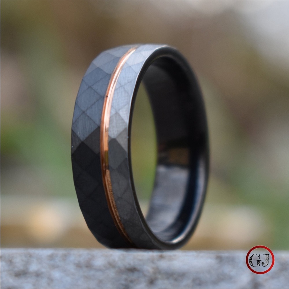Hammered Tungsten Men’s Wedding Ring (Black, Silver, & Rose Gold Accent) - Picture 7 of 11